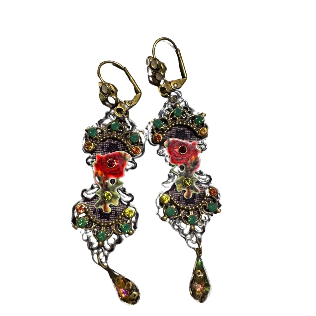Red And Green Gemstone Dangle Earrings With Filigree Design